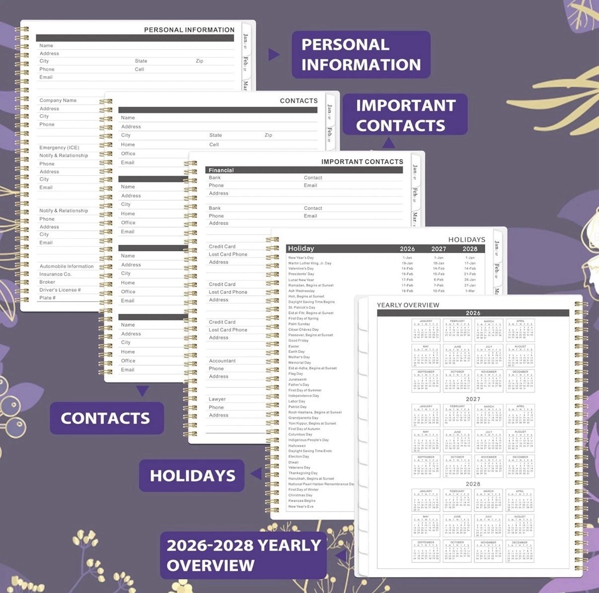 Purple Monthly Planner 2026-2028 – Twin-Wire Binding