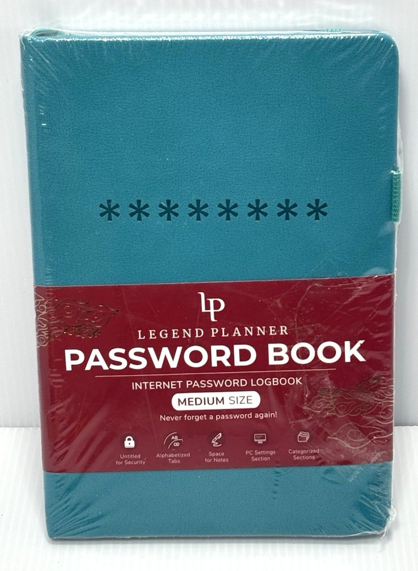 Legend Planner Password Book – Medium Turquoise Hardcover Internet Logbook-NEW
