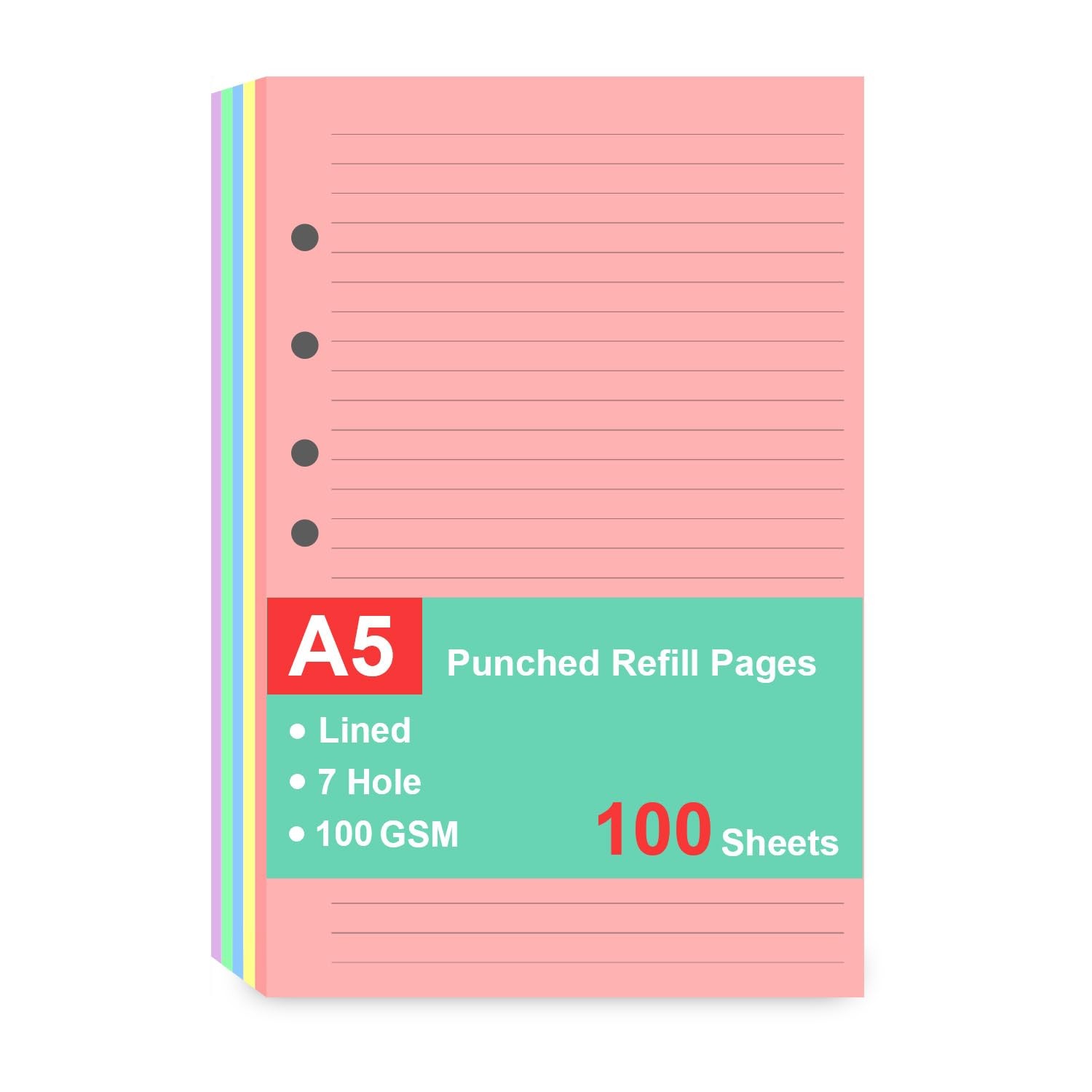 7-Hole Lined Refills Paper, A5 Filler Paper for 100 Sheets, Multicolor