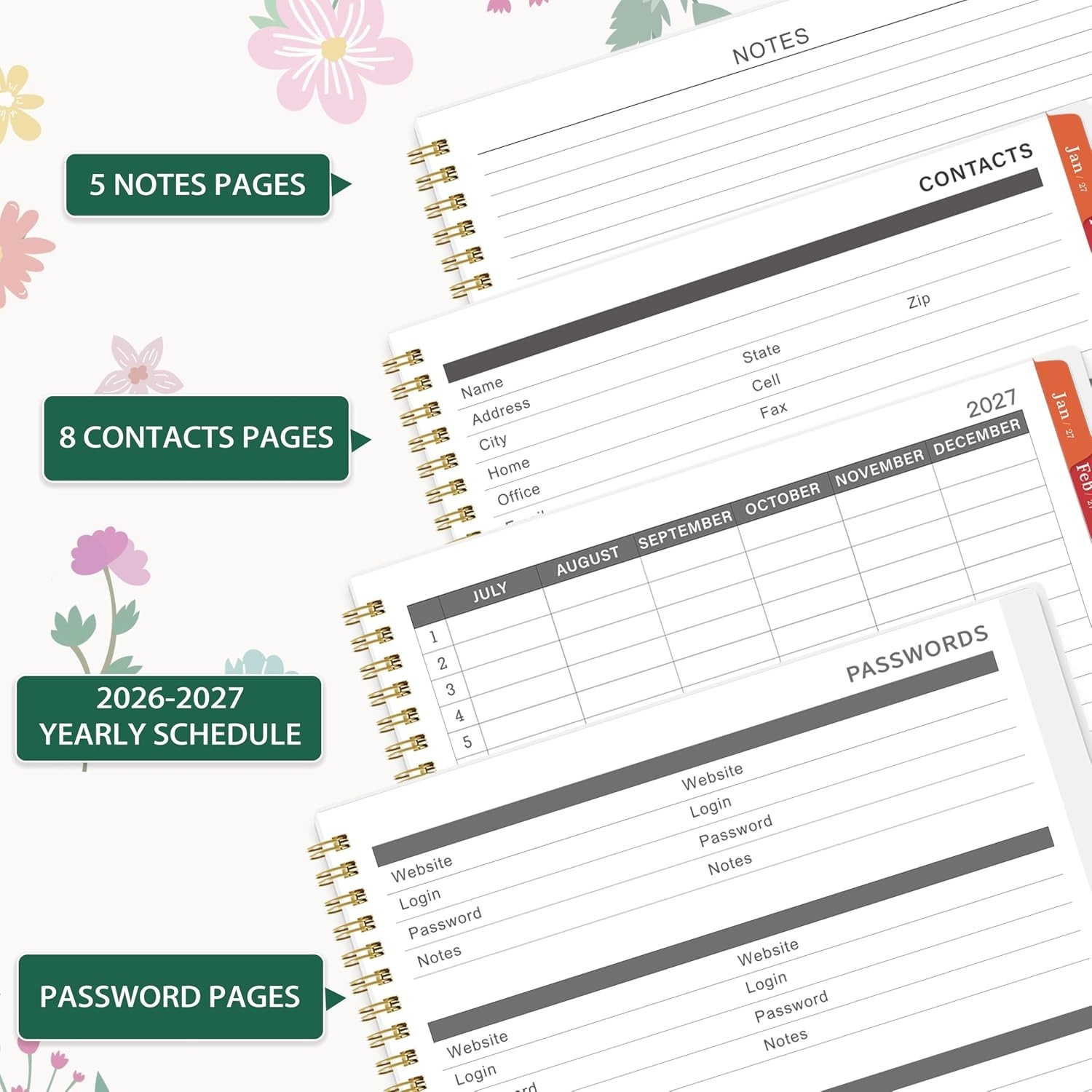 2026-2027 Monthly Calendar – 9″ x 11″ with Colorful Tabs and Back Pocket