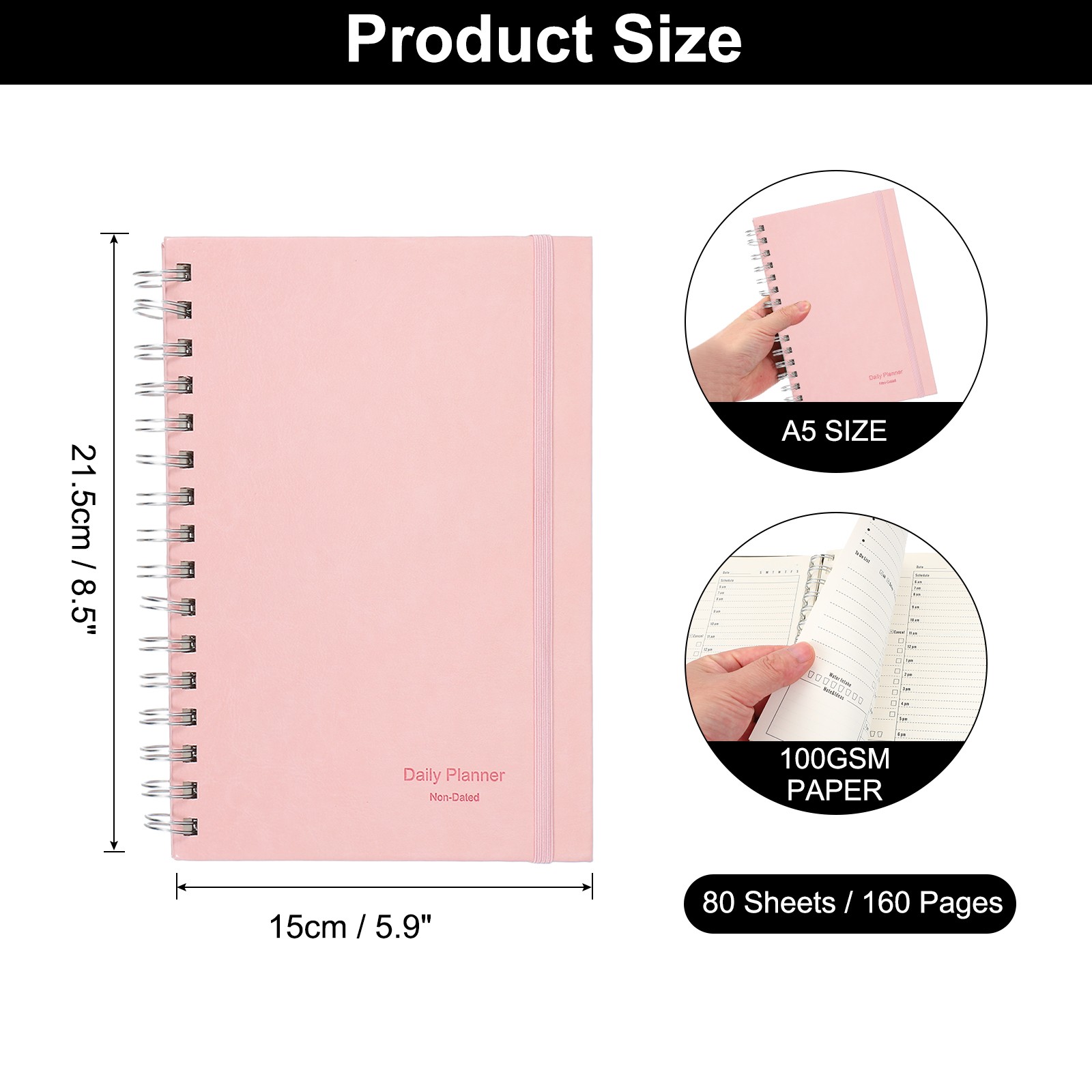 A5 5.5″x 8.5″ Undated Daily Planner with Hourly Schedule Inner Pocket, Pink