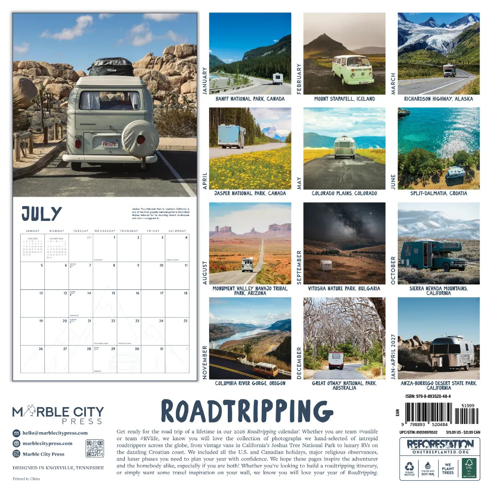 Roadtrip Calendar 2026 | 12″ x 24″ 12 Month Calendar | Marble City Press