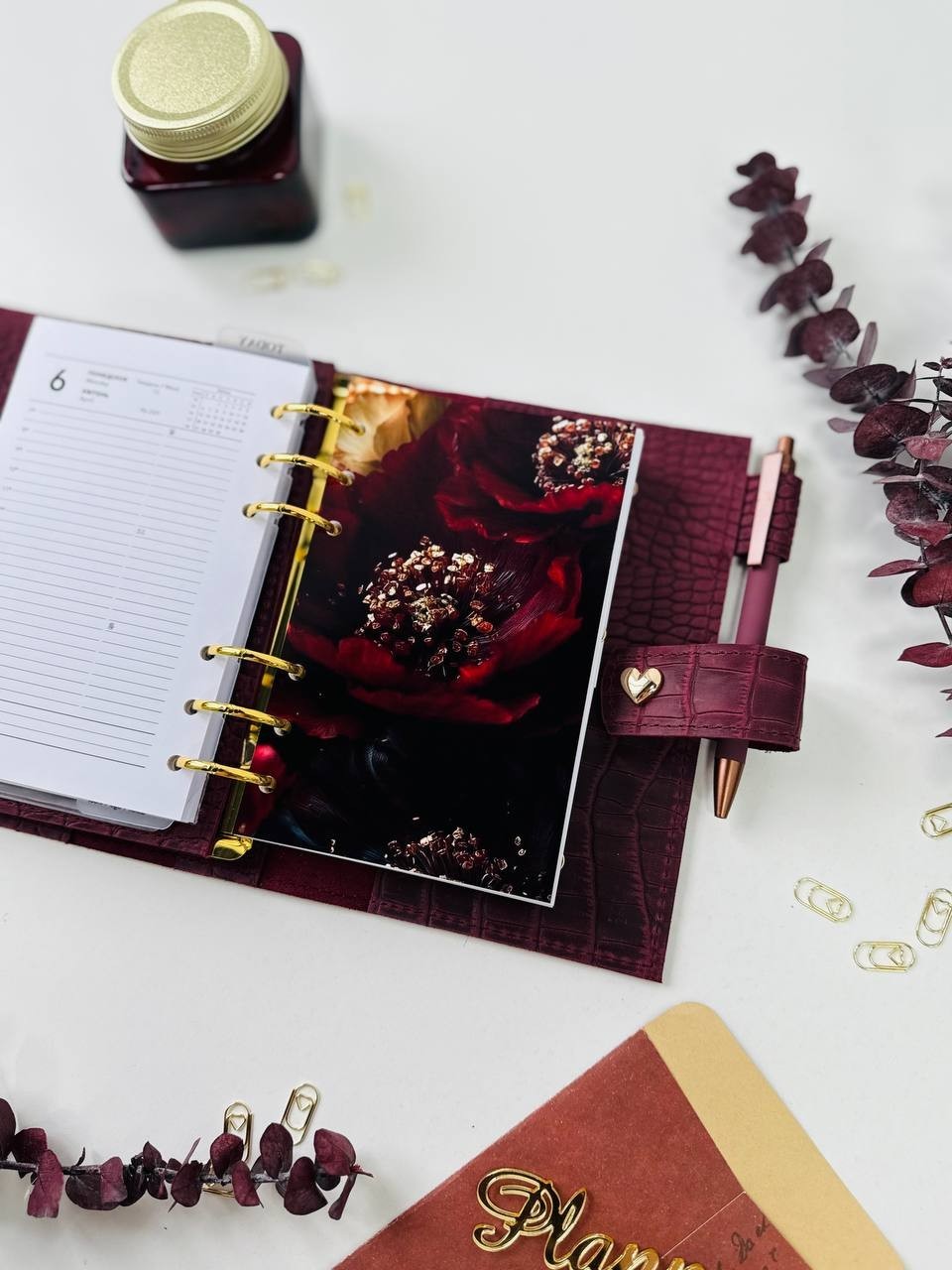 Burgundy A6 leather notebook cover binder 6-Rings. Dated planner gift for her.