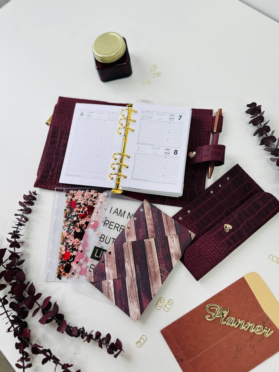 Burgundy A6 leather notebook cover binder 6-Rings. Dated planner gift for her.
