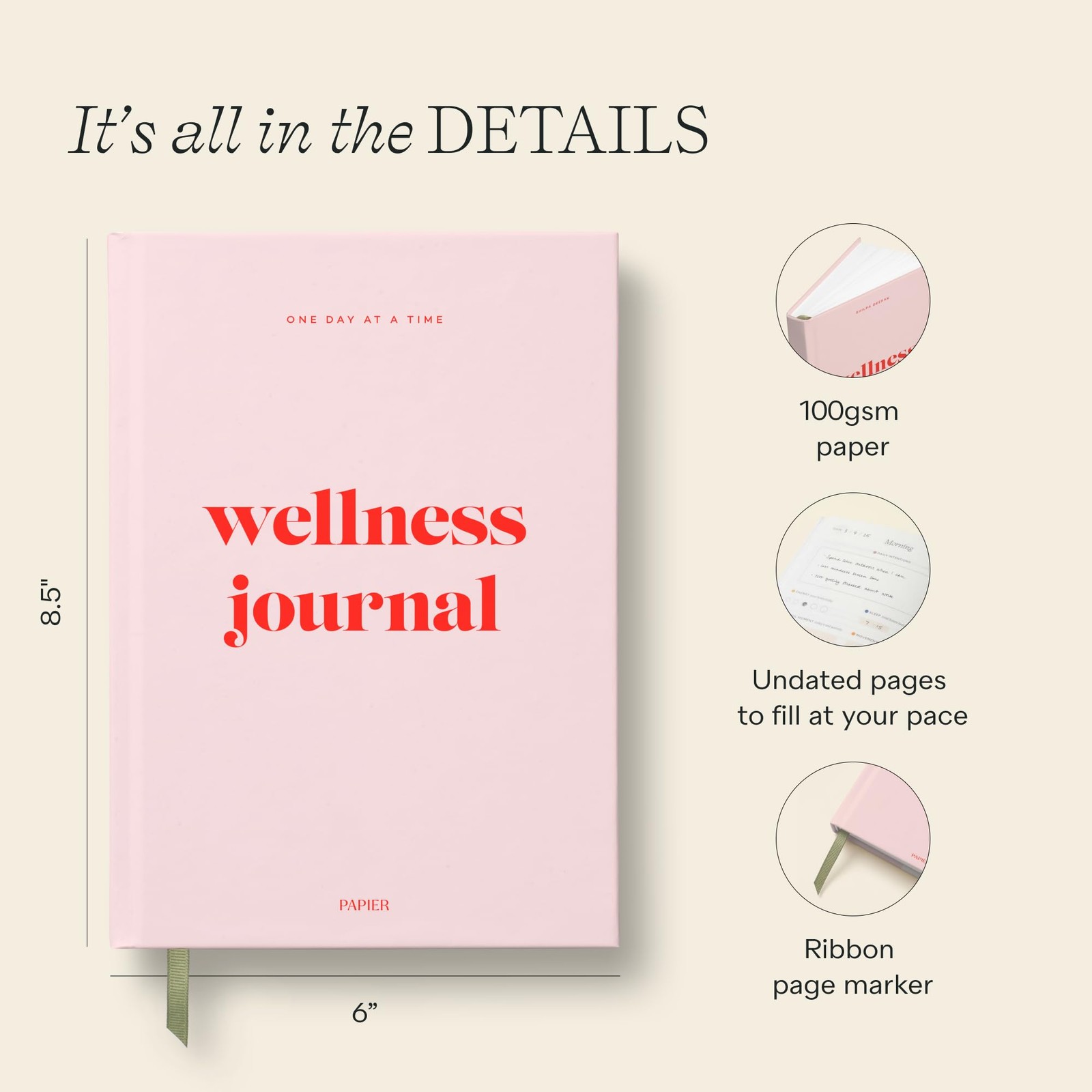 Papier Daily Wellness Journal Diary – Baby Pink, 8.46″ L x 6.02″ W | Hardback…