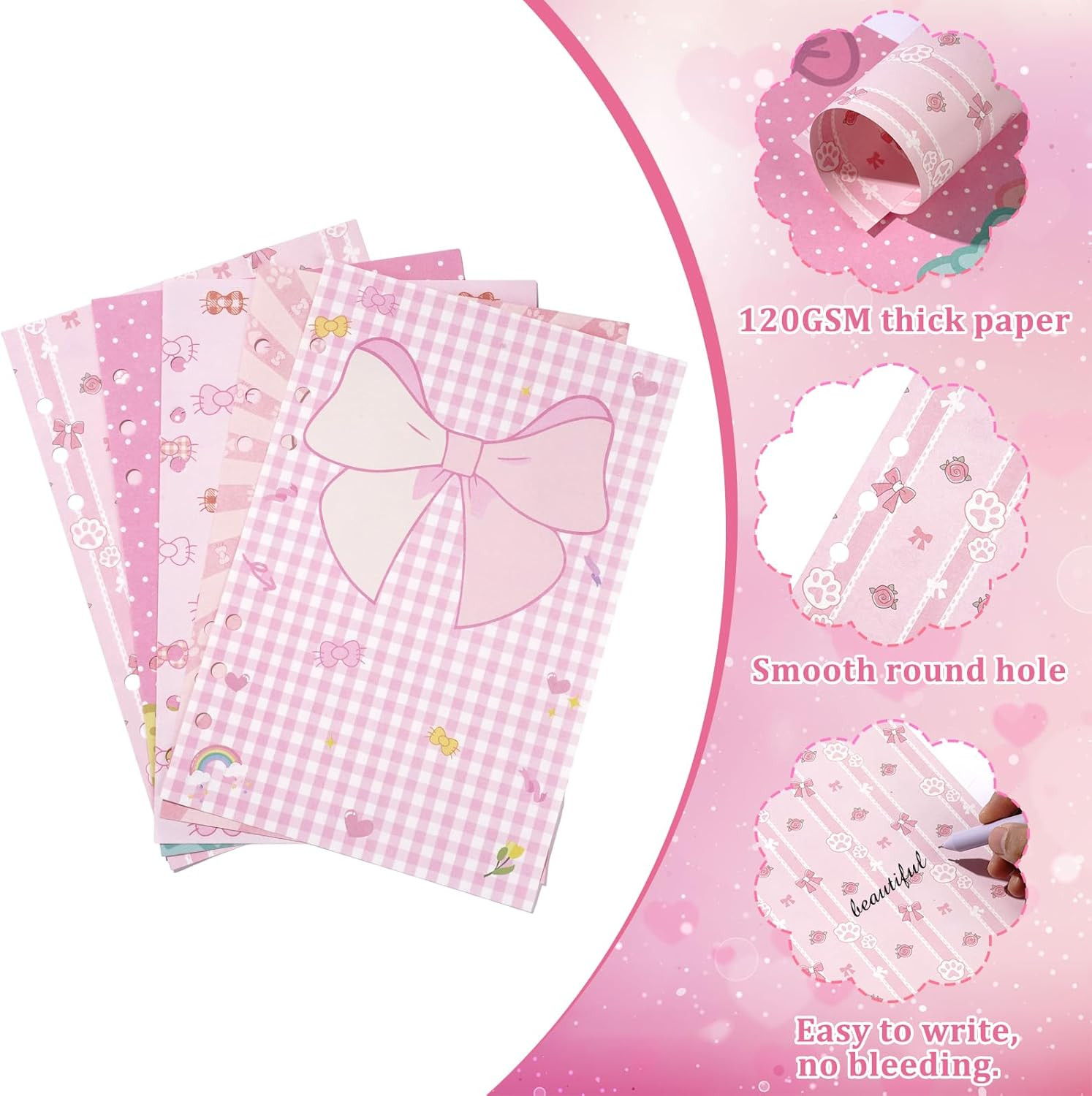 100 Sheets Pink Bow A5 Planner Inserts – 120GSM Thick Bowknot Refill Papers for