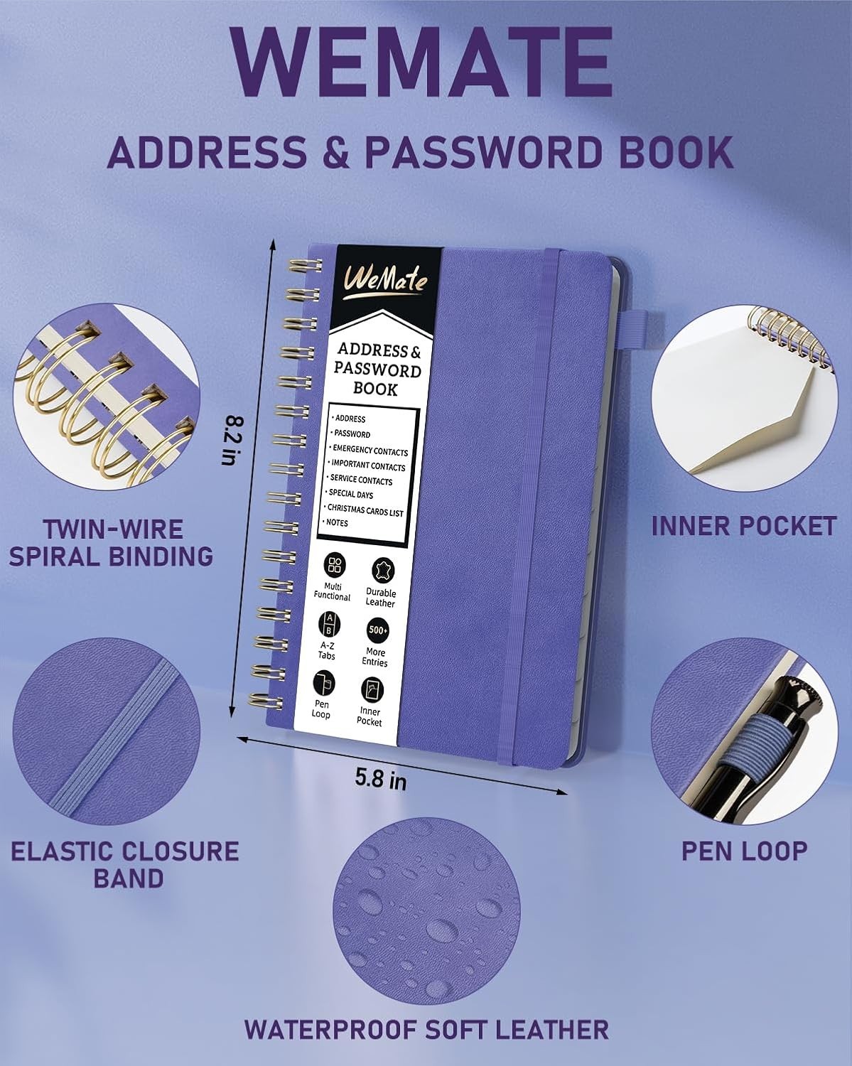 Purple WEMATE Spiral Address Book Leather Large Print Password Organizer 5.8×8.2