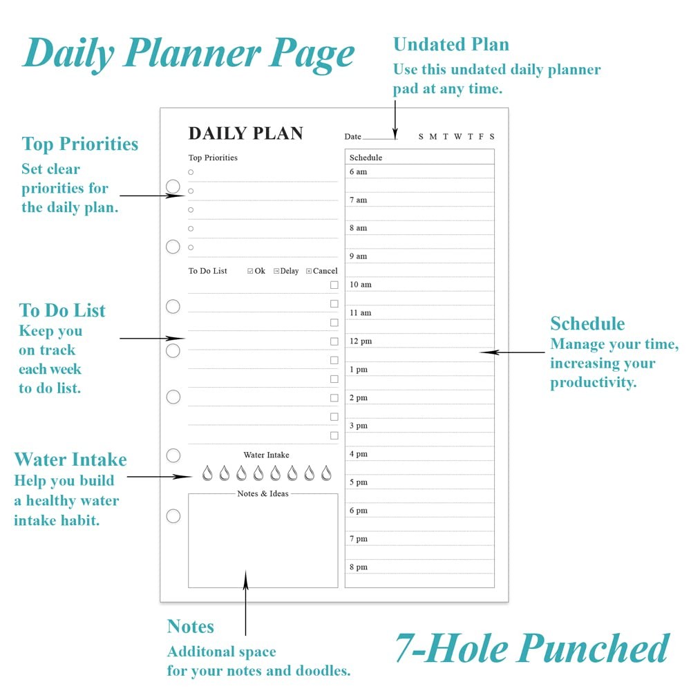 Undated Daily Planner Refill – A5 Day Planner Insert To Do List, 100 Sheets/200