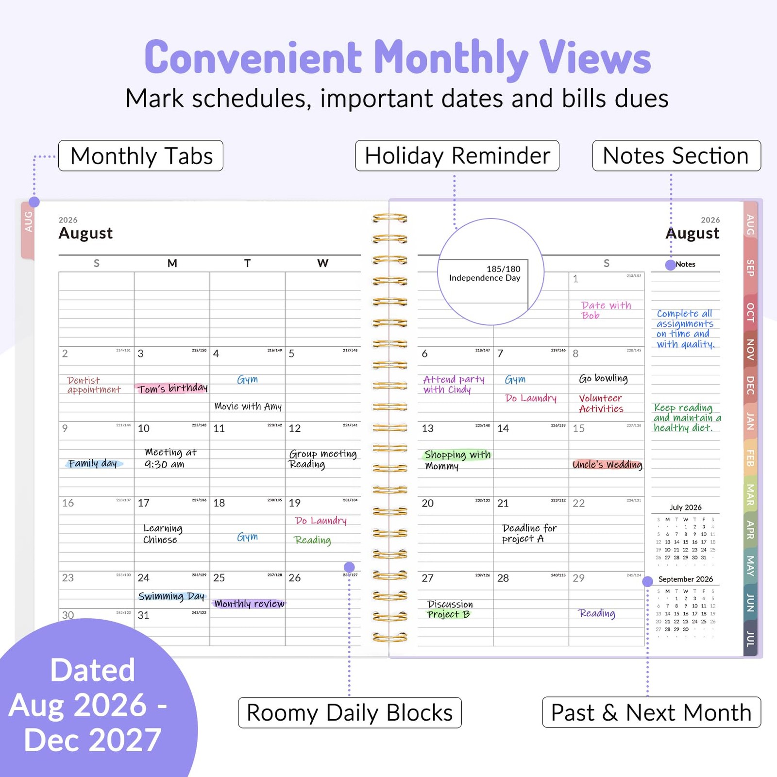 Aug 2026 – Dec 2027 Planner, Forvencer 17 Month Academic 8.5″ x 11″, Purple
