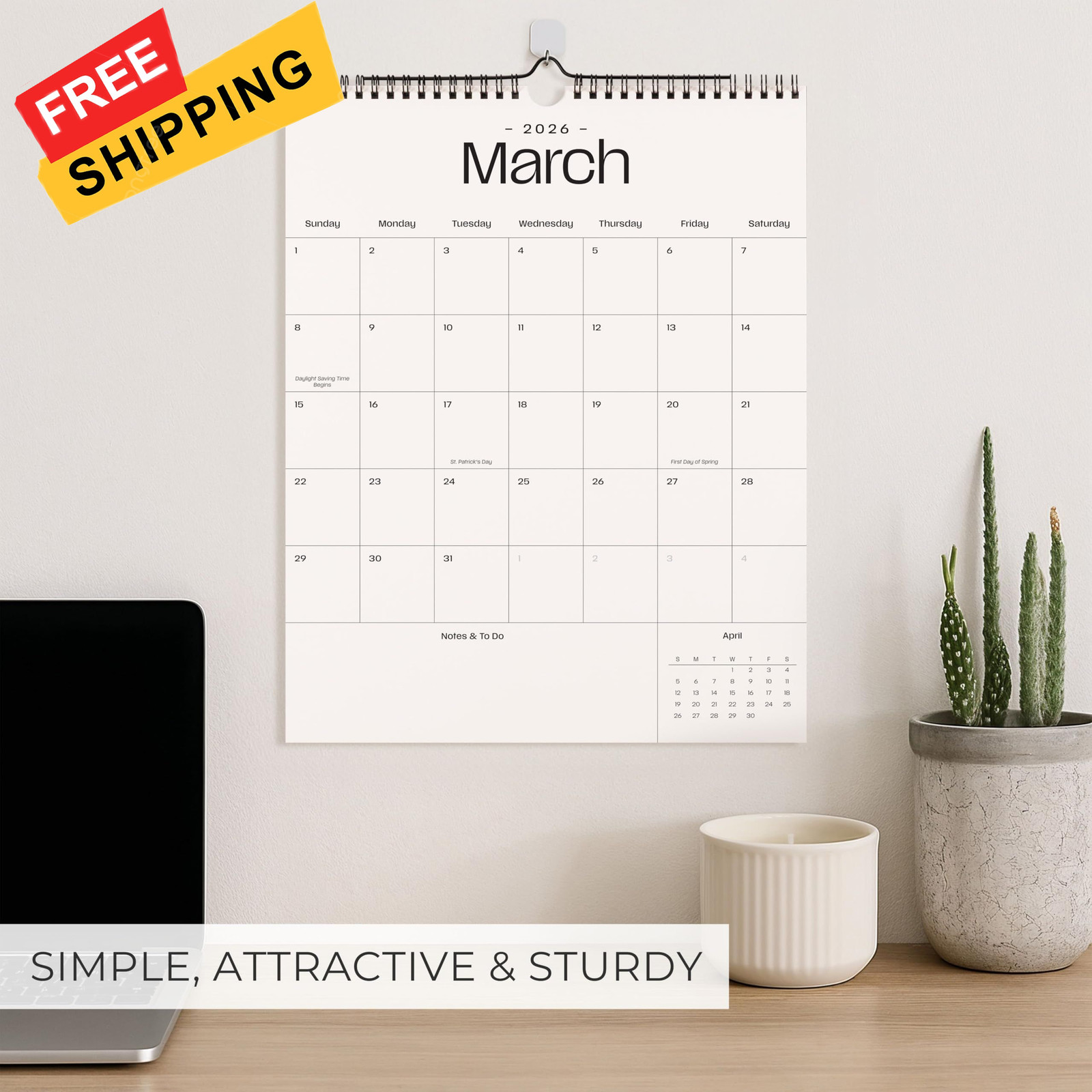 Beautiful 2026 Wall Calendar – Runs from January 2026 until July 2027 – Beige