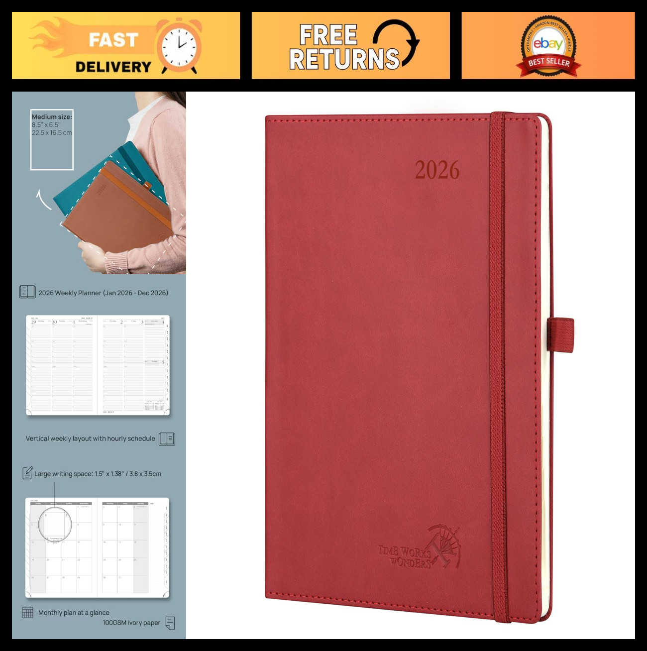2026 Weekly Planner – Medium 6.5” x 8.5” Calendar with Hourly Slots, Leather C