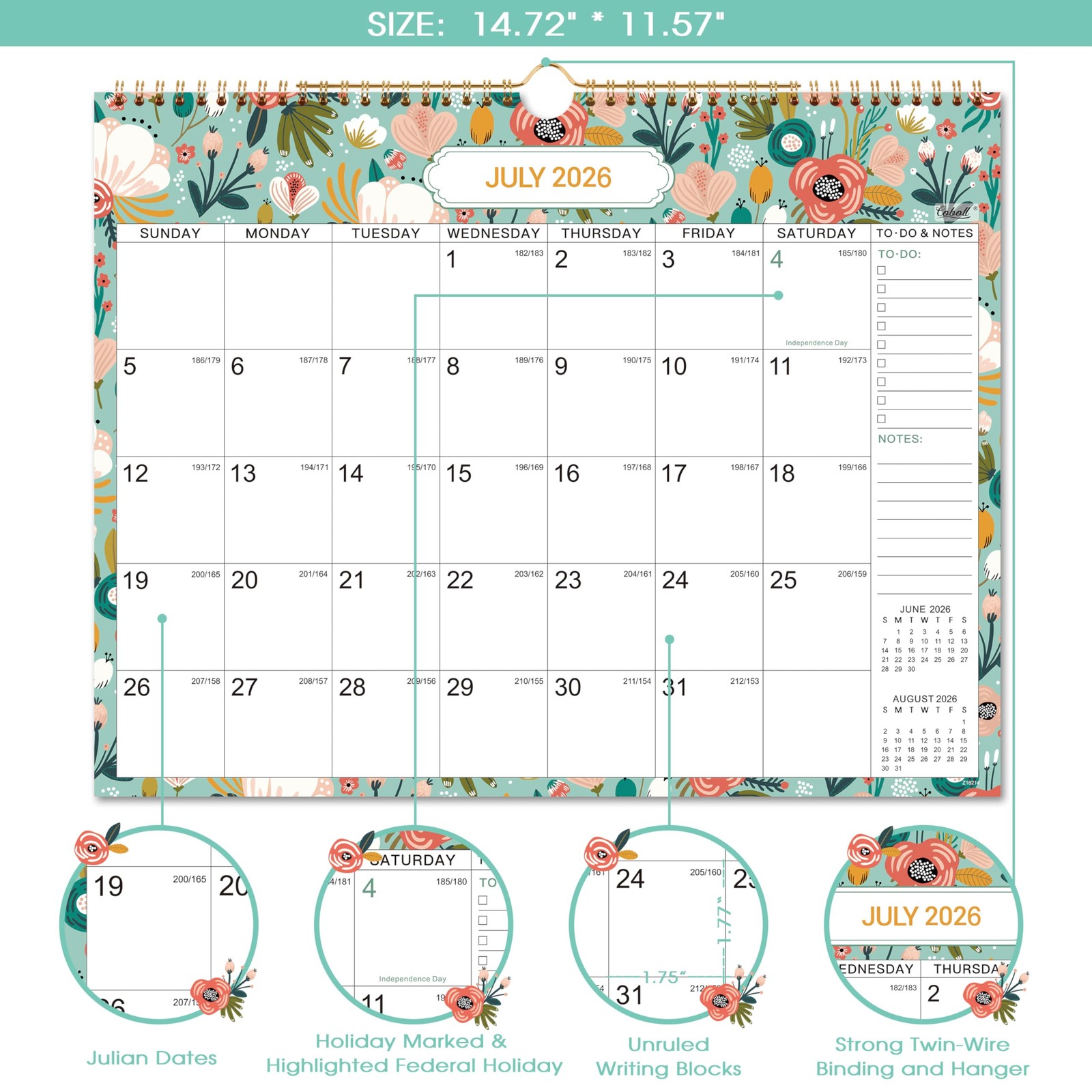 Calendar 2026-2027, 18 Months Wall from July 2026 to December Green