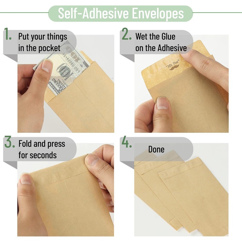 Cash Envelopes 6.5 x 3.5 Inch, 100-Pack Kraft Paper Self-Adhesive Budgeting