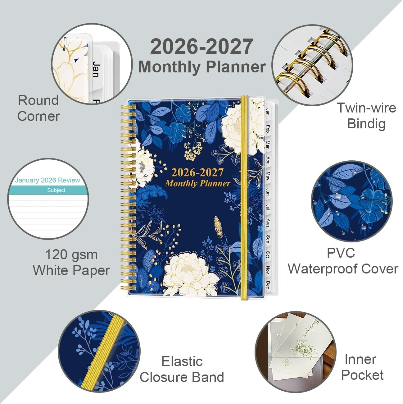 Elegant 2026-2027 Planner – 18- Calendar with Tabbed Pages & Storage Pocket