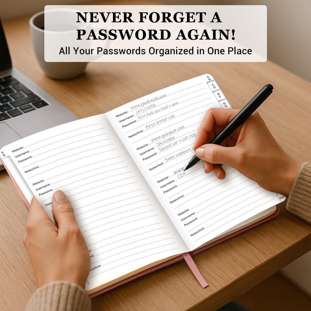 Password Book with Alphabetical Tabs – A5 (5.2” x 7.6”), Rose Gold