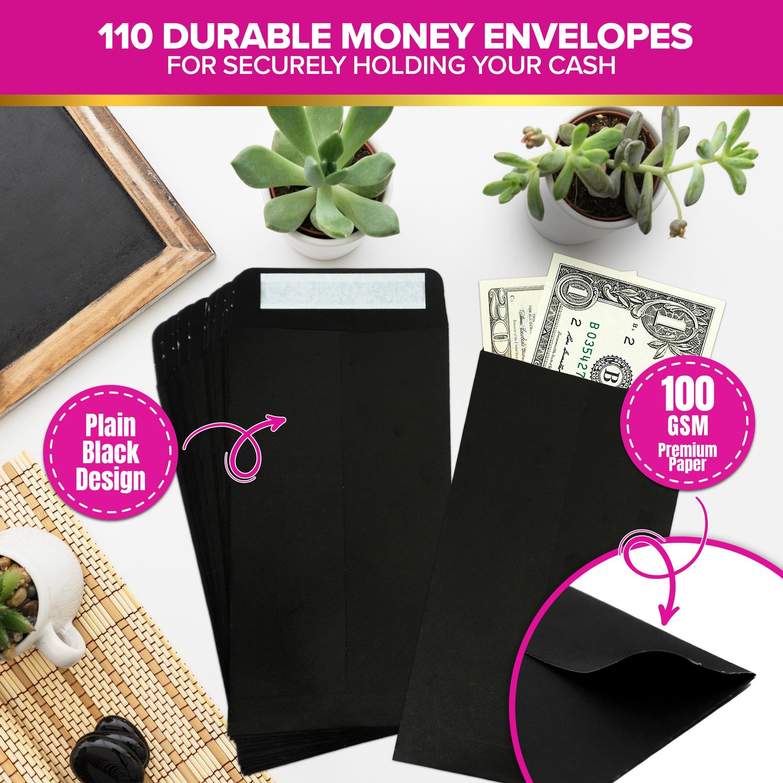110 Pack Black Cash Envelopes with Self Adhesive 6.5×3.5 Inch