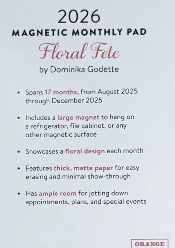 Orange Circle 2026 Magnetic Monthly Pad Weekly Calendar Planner FLOWER 9.5 X 8.5