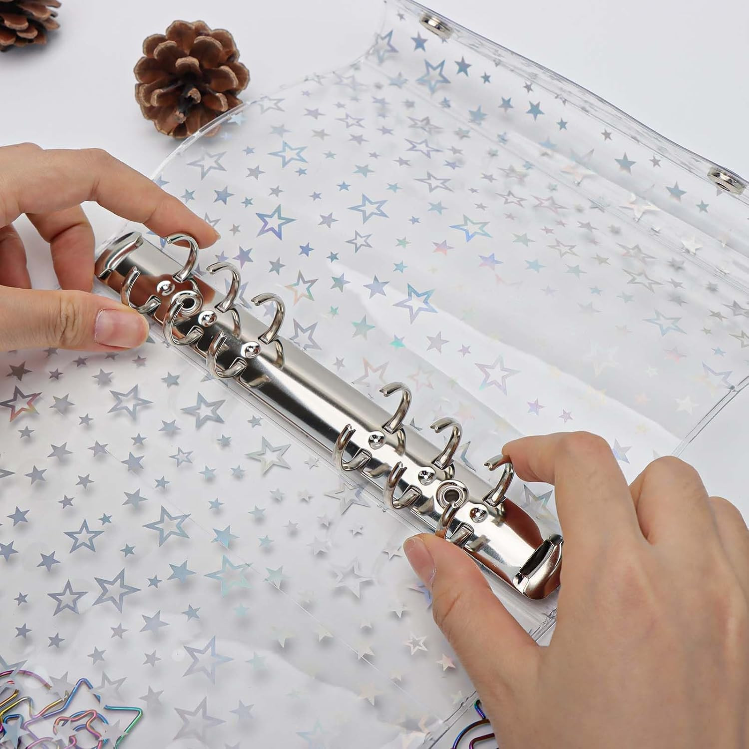 A6 Budget Binder Cover Clear PVC 6 Ring Binder Glitter Star Refillable Notebo…