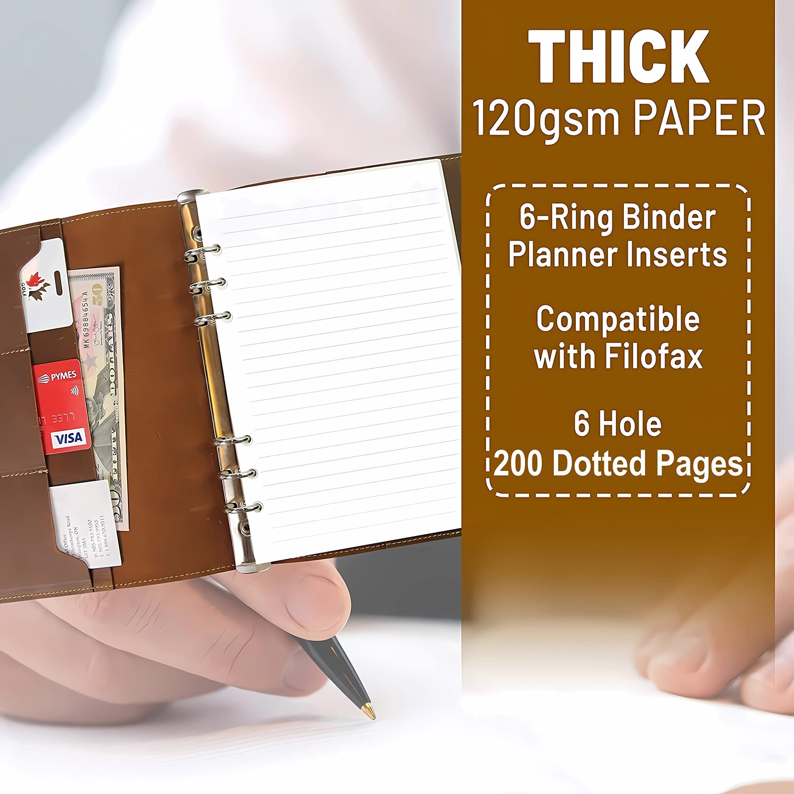 Refill Paper, 6 Hole A5 Planner Inserts, Dotted Grid, Cream, 100 Sheets