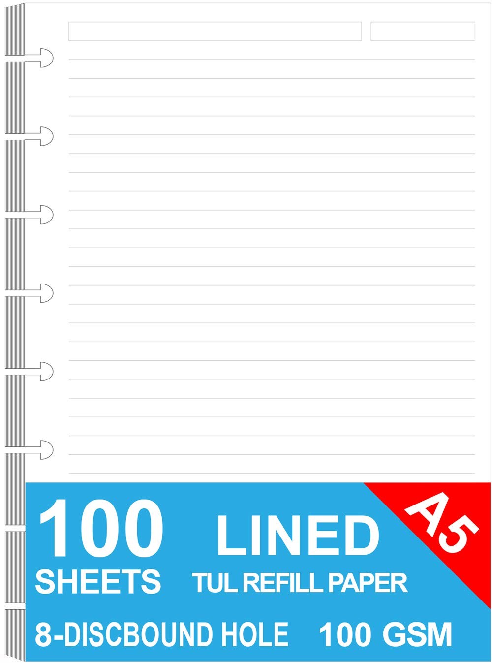 Discbound Notebook Refill, 8 Discs, 100 Sheets Lined Paper, 200 Pages, White