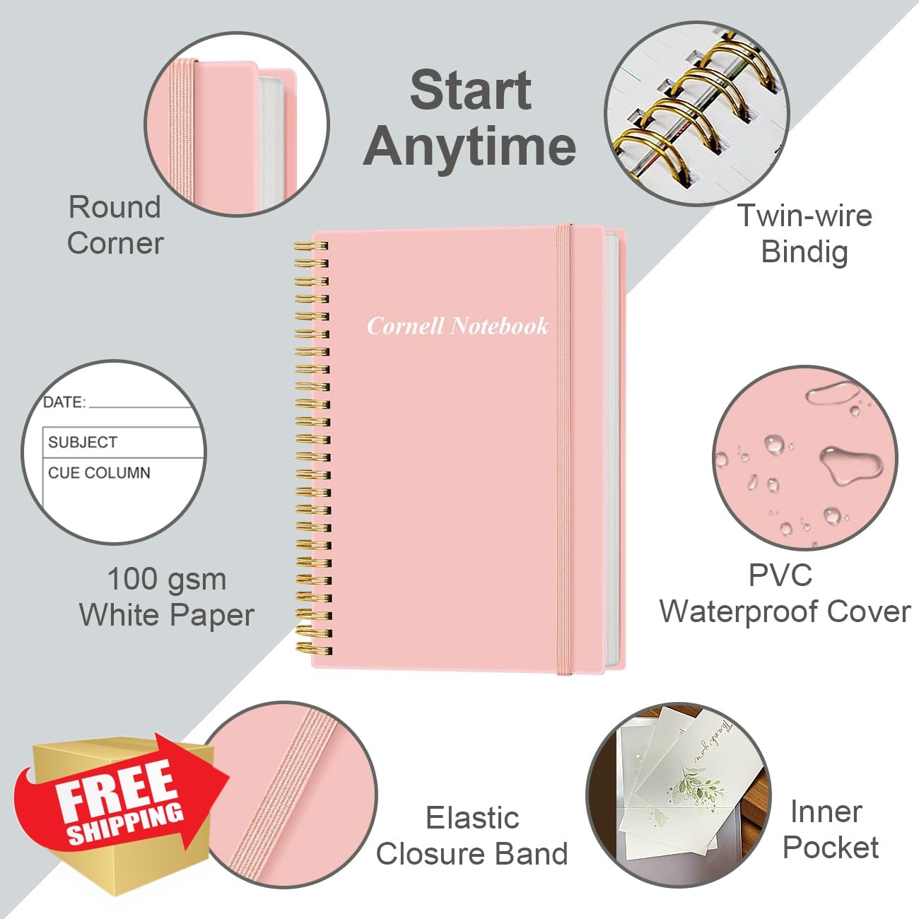 Yaridar A5 Cornell Notebook Pink 5.8″ x 8.5″