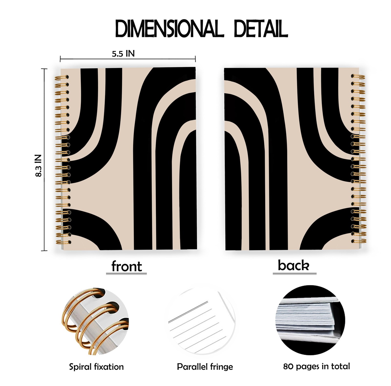 JWVK Boho Notebook, Abstract Black and Beige Minimalist Line Spiral color_1