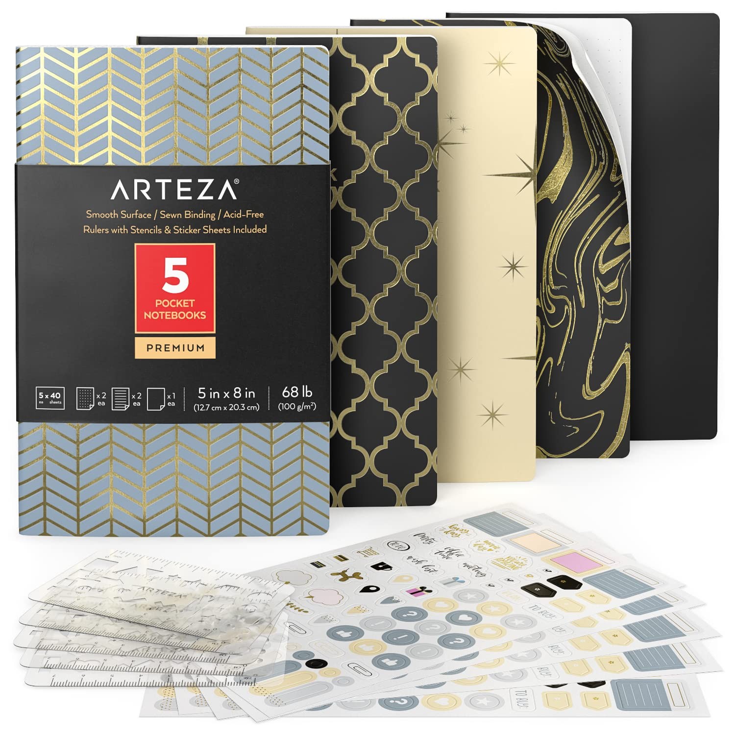 ARTEZA Pocket Notebooks, 5 x 8 Inches, Set of 5, 40 Sheets 5pk, Multicolor