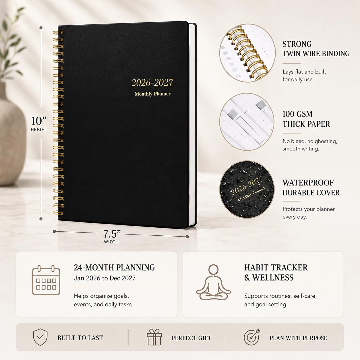 KMQOY Monthly Planner 2026-2027, 2026 Calendar 24 Months Planner, Jan Black