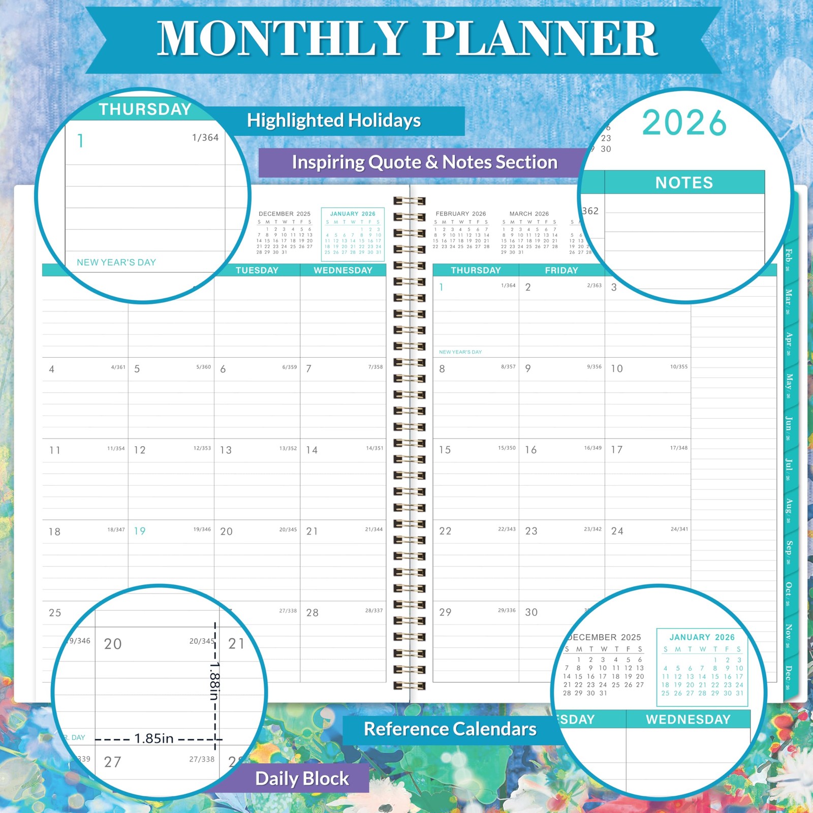 2026 Monthly Planner 9″x11″ with Tabs, Pocket, Twin-Wire Binding, Premium Paper