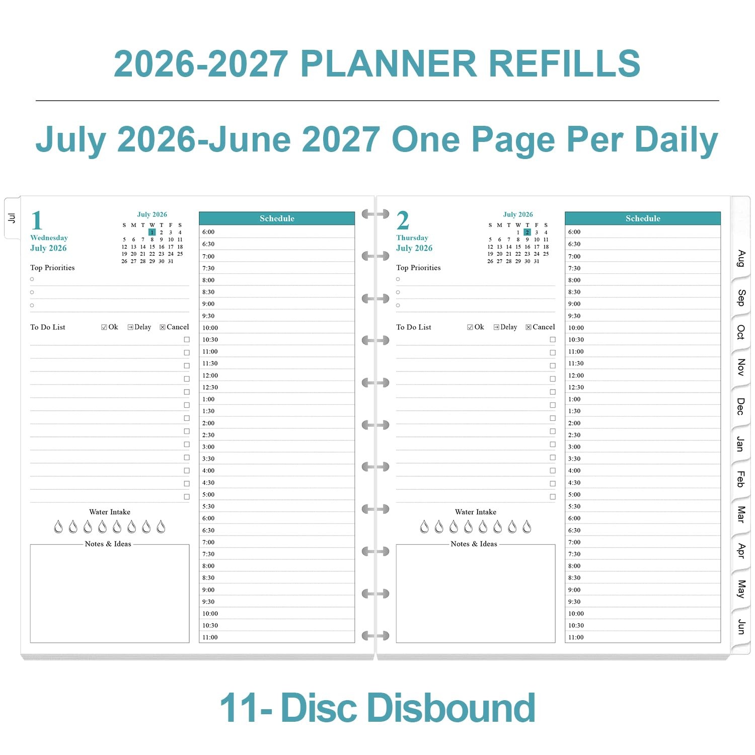 Yaridar 2026-2027 Planner Refills 11-Disc Discbound One Page Per Day Planner