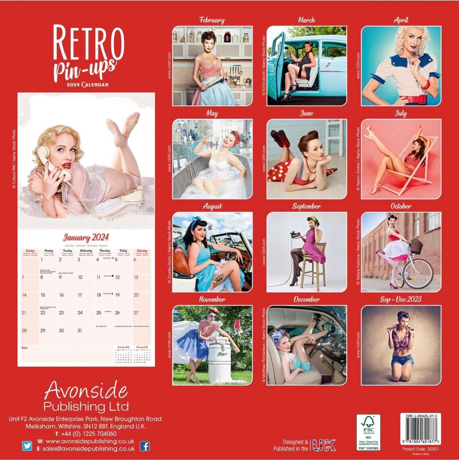 Retro Pin-Ups 2024 12 Month Wall Calendar Brand New Sealed in Shrink Wrap