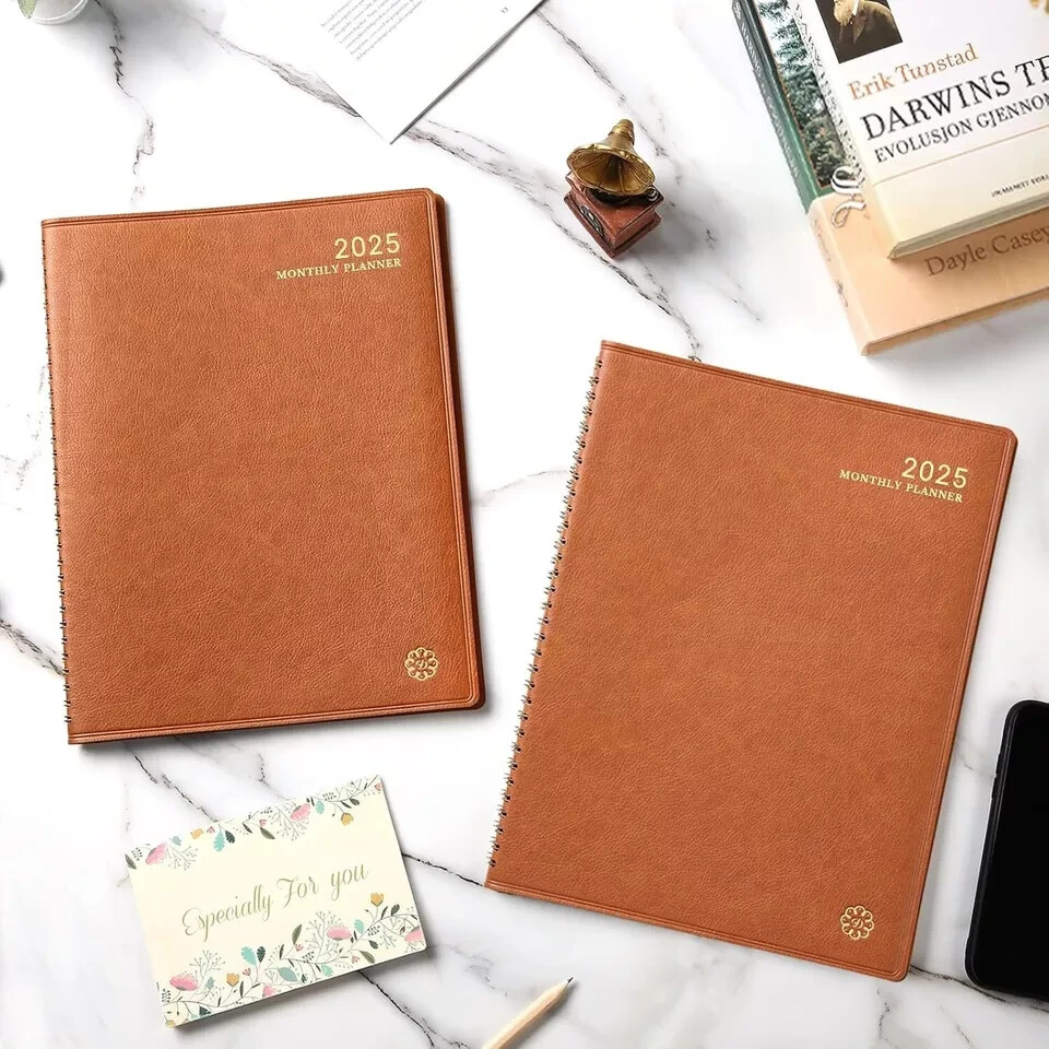 Monthly Planner Jan-Dec 2025 Twin-Wire Organizer Leather Cover Planner, Brown