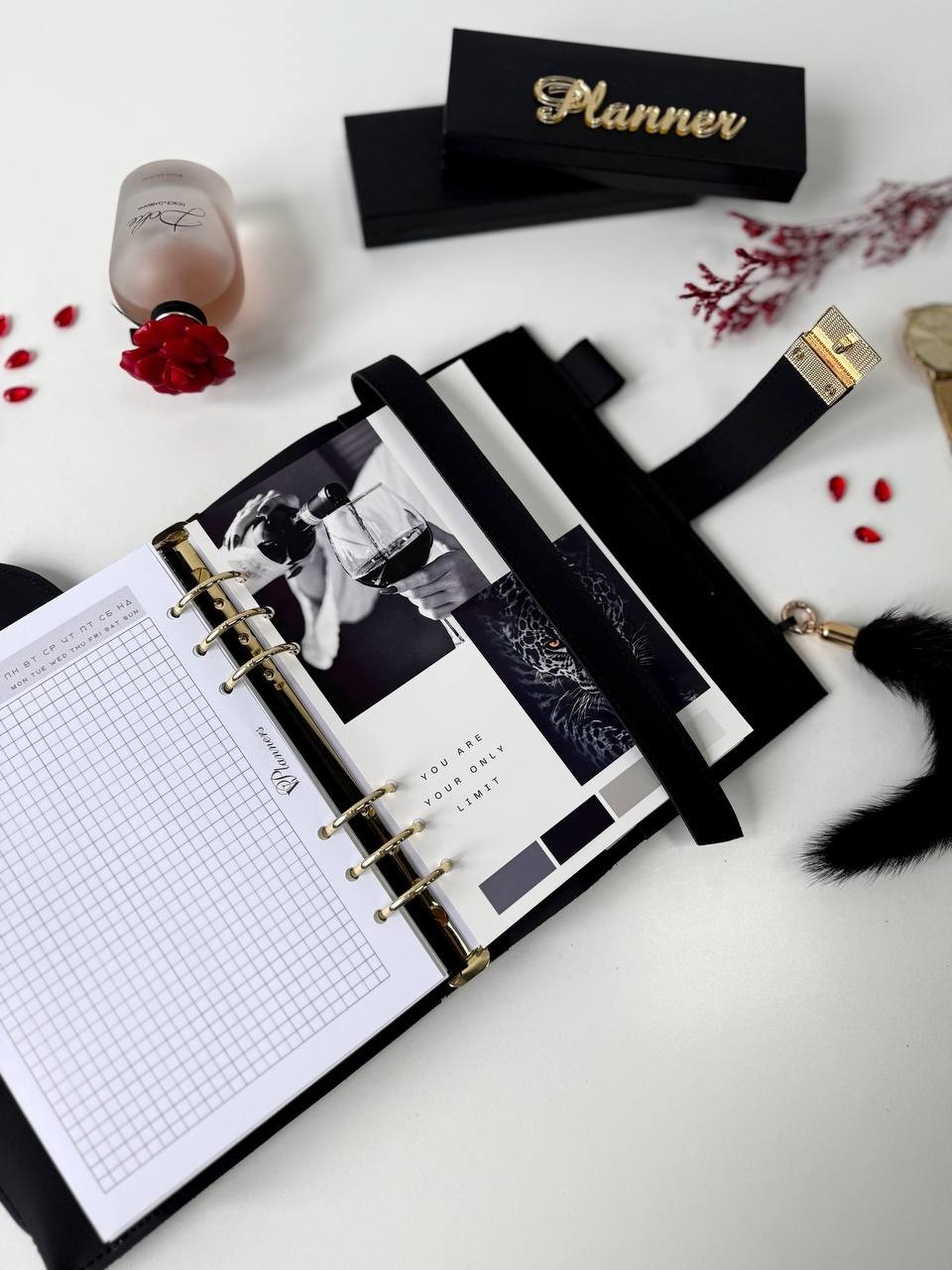 Cat Leather notebook cover A5 big binder 6 rings. Leather planner binder A5.