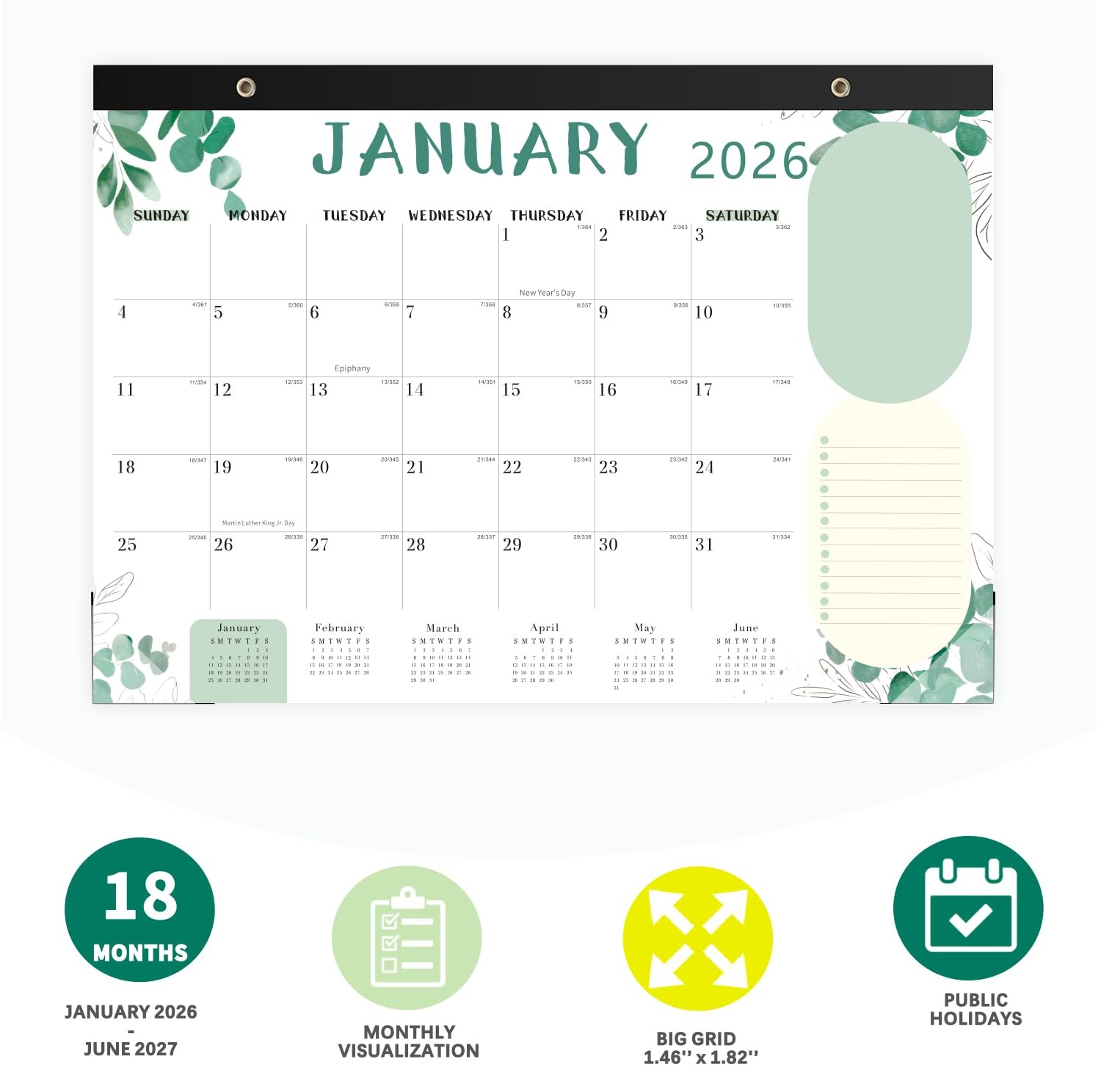 Desk Calendar 2026, 18 Months Runs from Jan. 2026-Jun. 2027, Green