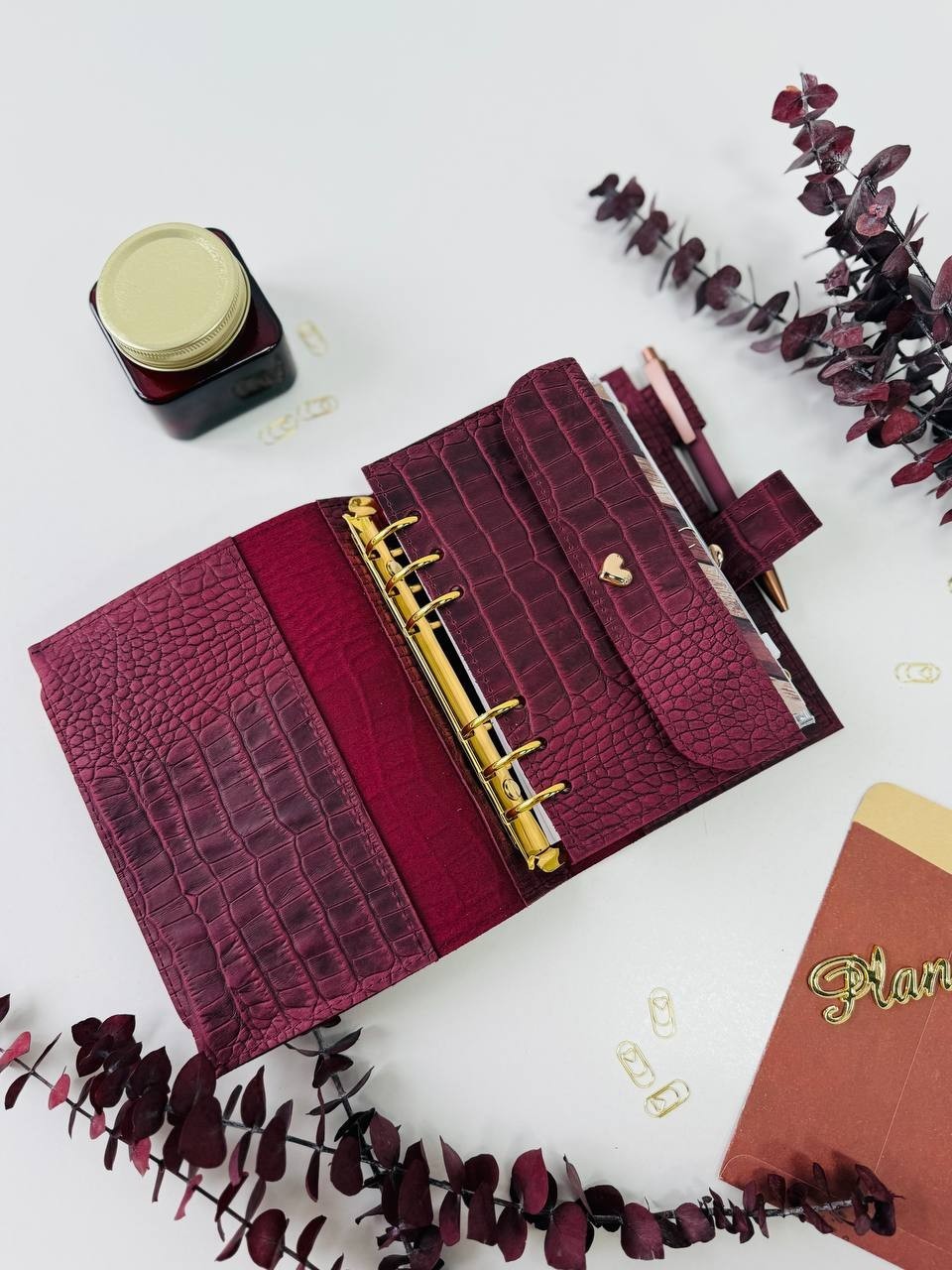 Burgundy A6 leather notebook cover binder 6-Rings. Dated planner gift for her.
