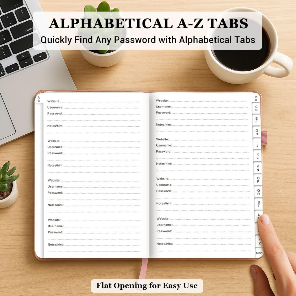 Password Book with Alphabetical Tabs – A5 (5.2” x 7.6”), Rose Gold
