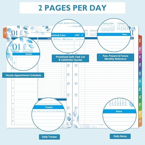 2026 Planner Refills – Daily & Monthly, Two Pages Per Day, 8.38″x5.51″, Ring-Bou
