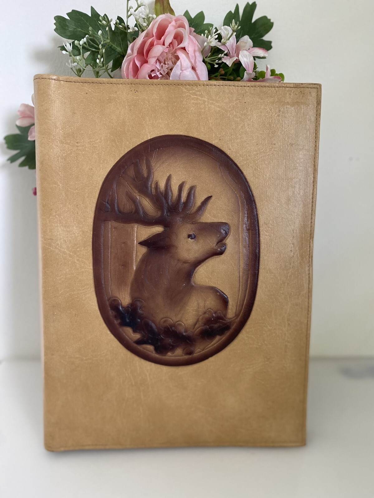 Vintage Business Leather Art Folio Padfolio Cover Embossed Tooled Deer Handmade