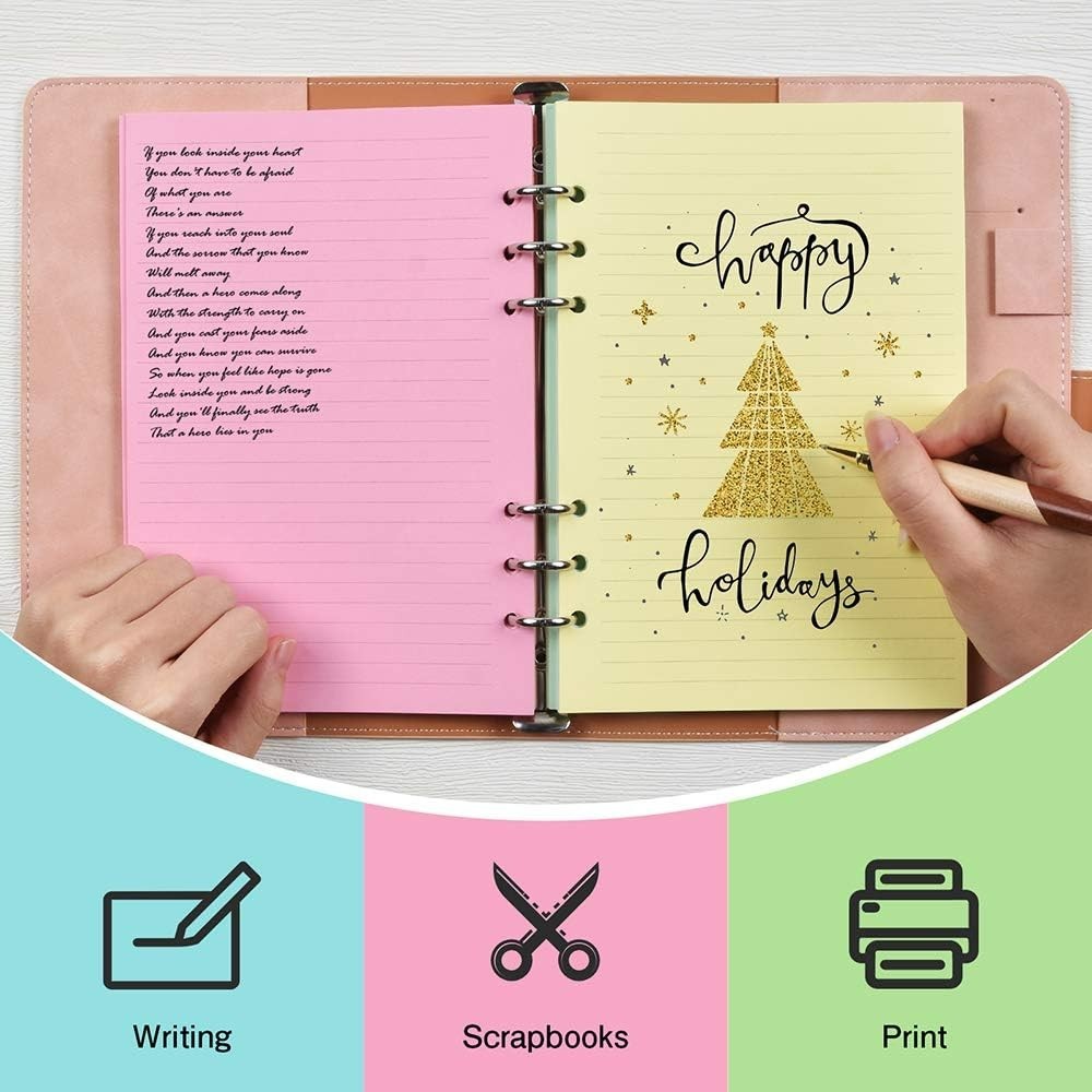 Lined Refill Paper, 200 Colored Ruled Pages for A6 Refillable 6-Ring Binder N…