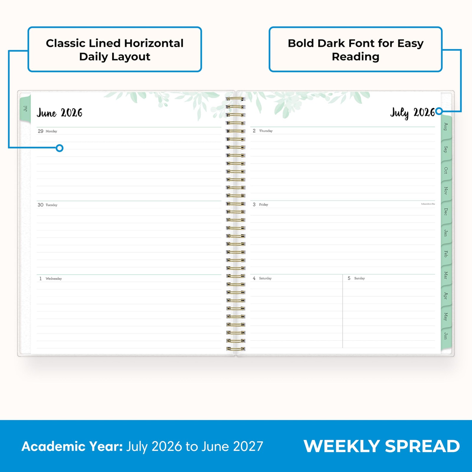 2026-2027 Weekly and Monthly Academic Year Planner Calendar, July 2026 – June…
