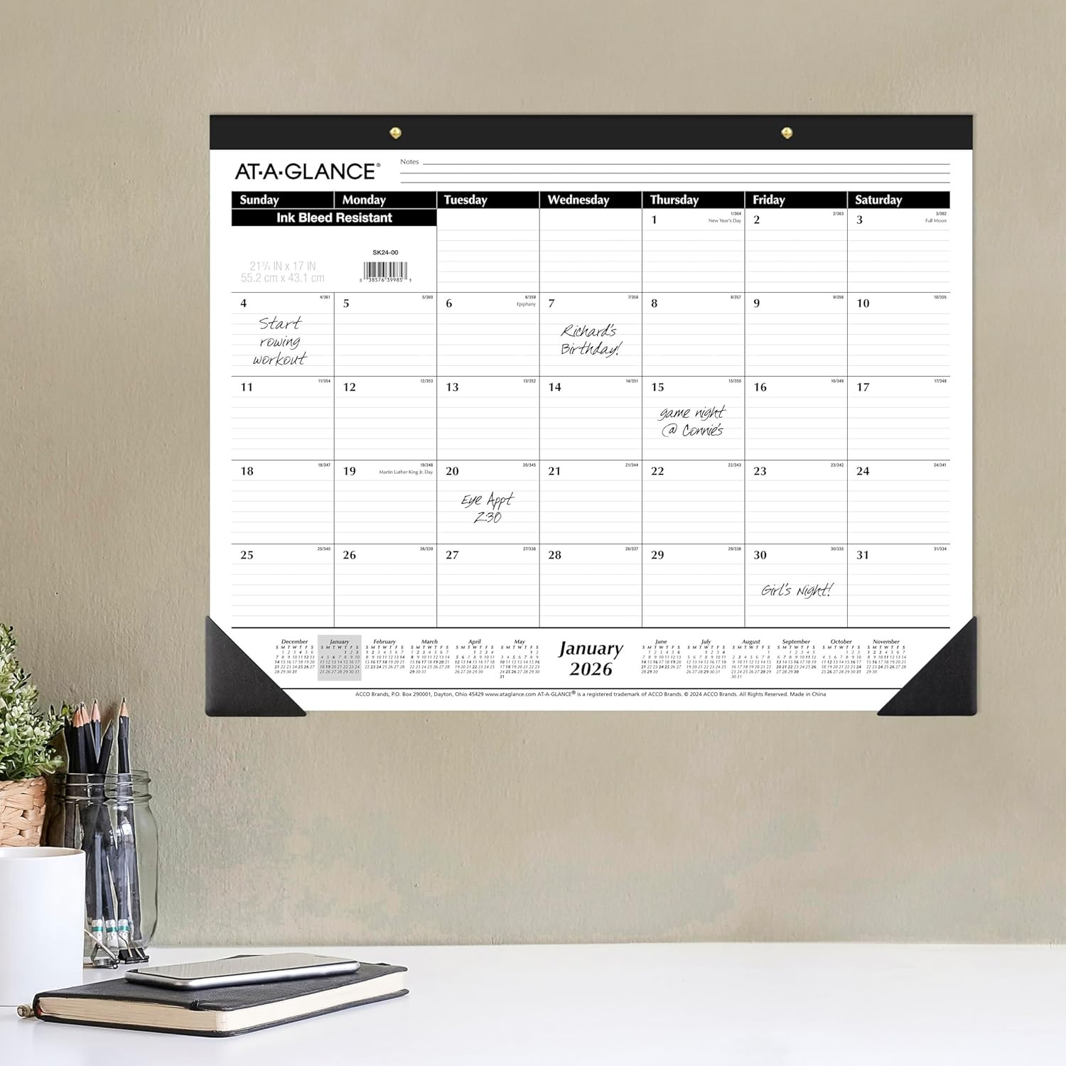 2026 Desk Calendar, Monthly, Desk Pad, 21-3/4″ X 17″, Large, Ruled Blocks (SK240