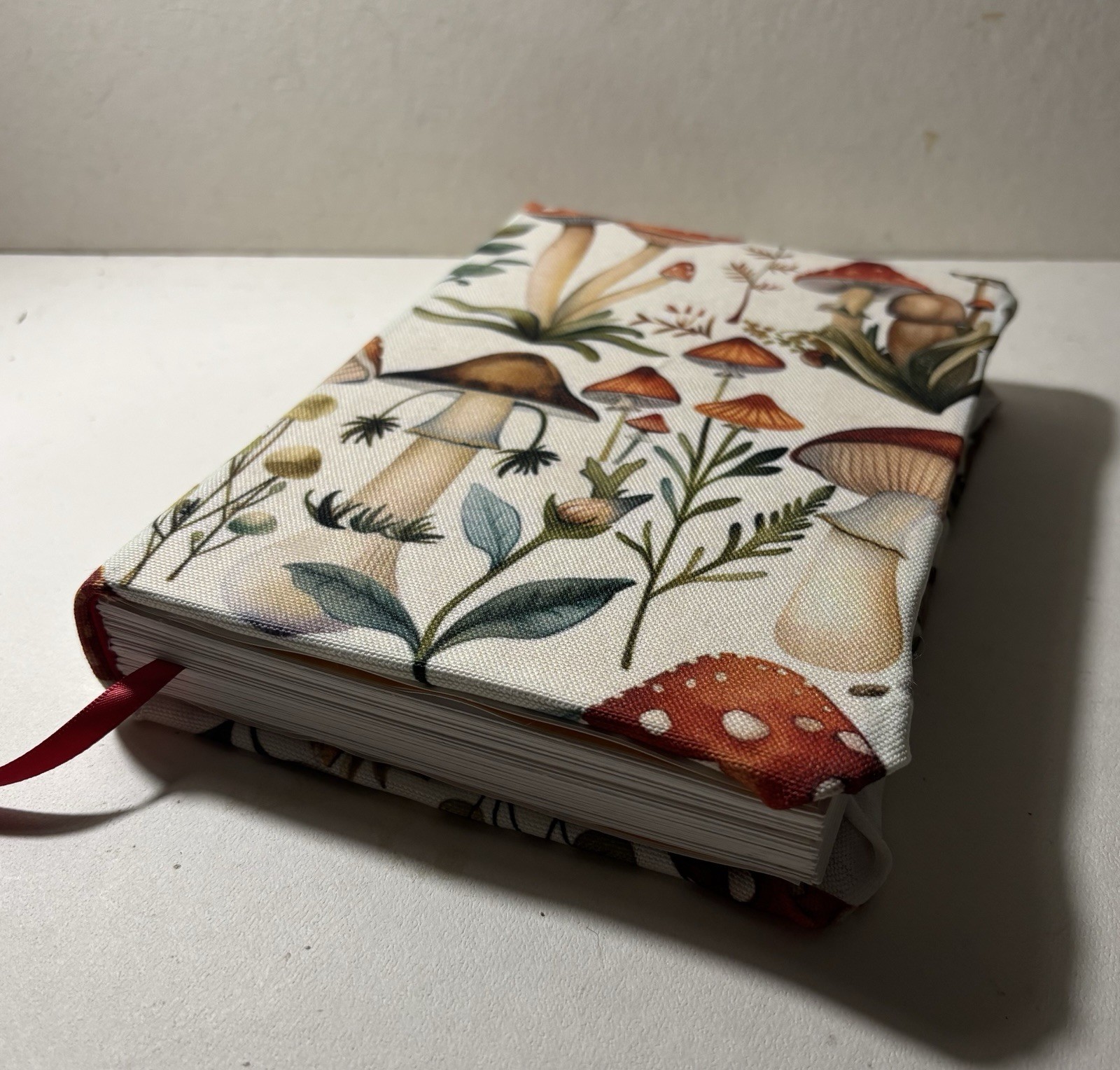 Handmade White Fabric Mushroom Blank Sketchbook Journal. 5.5in. x 8in.