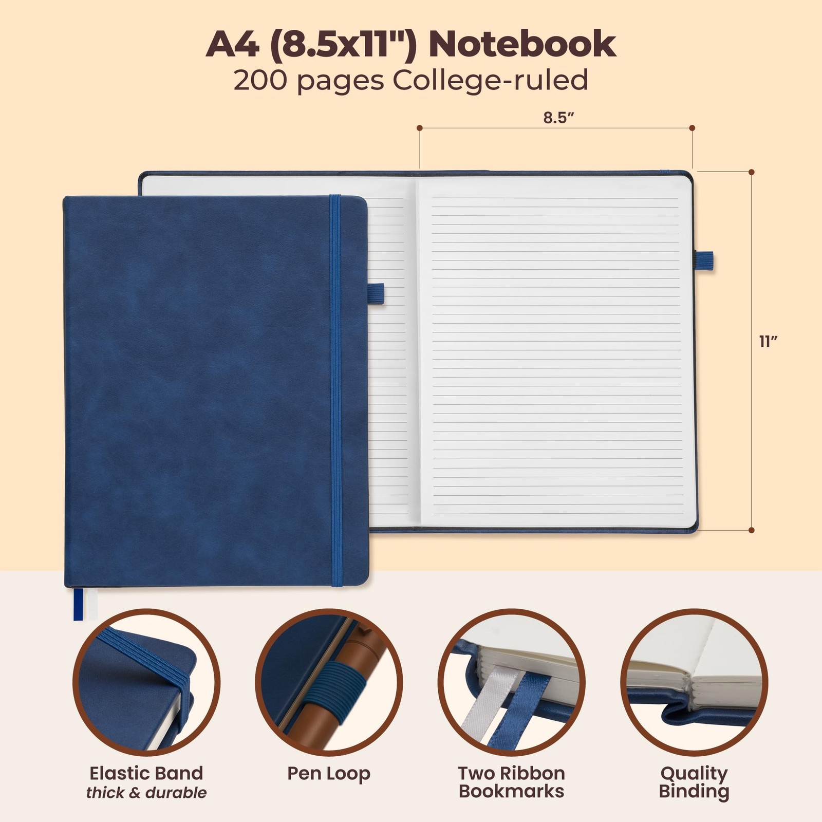 Classic Lined Journal Notebook 8.5×11″ A4 Hardcover 200 Pages, Blue