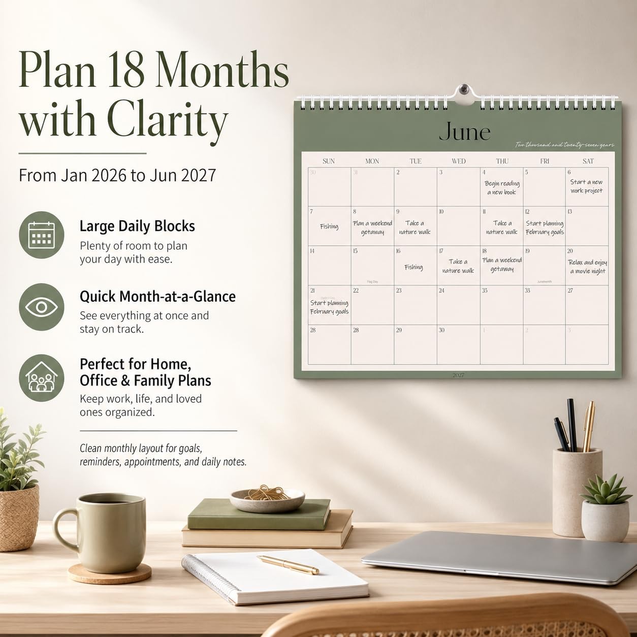 2026-2027 Wall Calendar, 18-Month Monthly Jan 2026-Jun 2027, Green Horizontal
