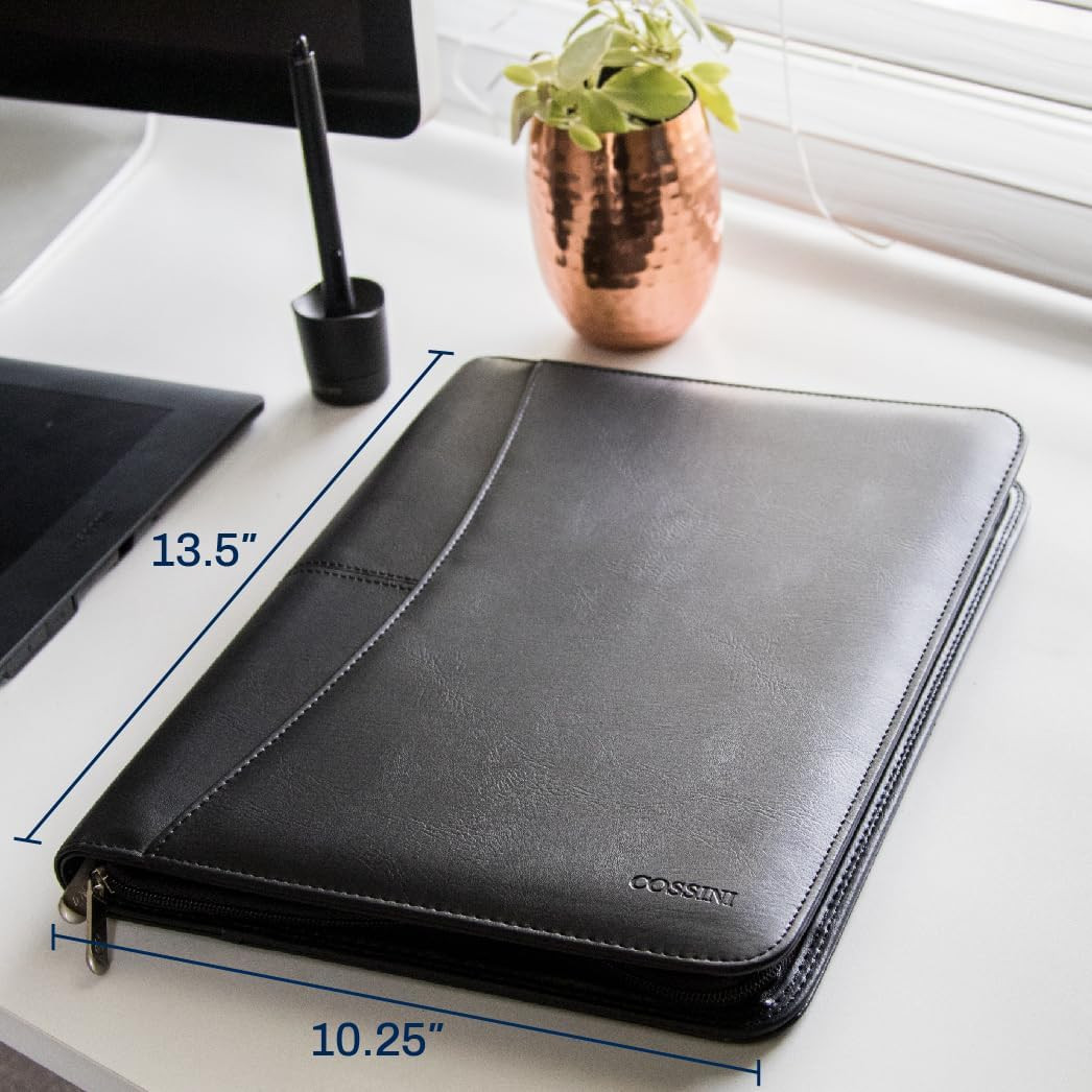 Black Vegan Leather Business Portfolio Padfolio with Zipper for 10 1 Tablet