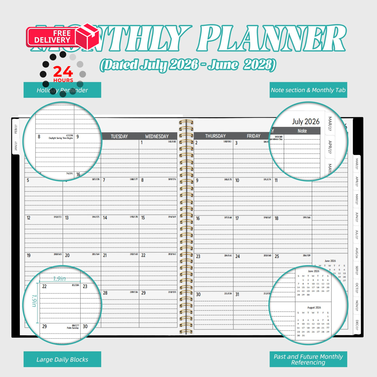 2026-2028 Monthly Planner 2 Year 9 X 11 inches, Black