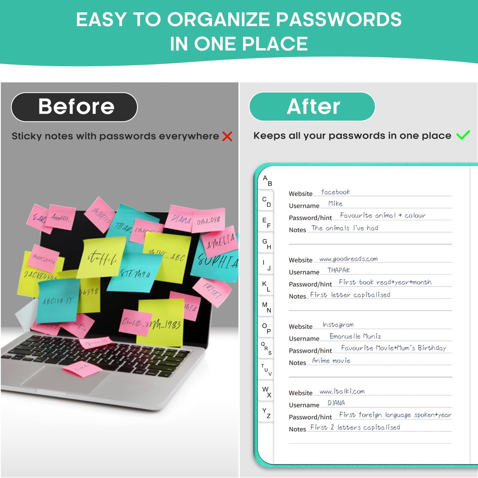 Password Keeper Book with Alphabetical Tabs, Small Password Books for Seniors