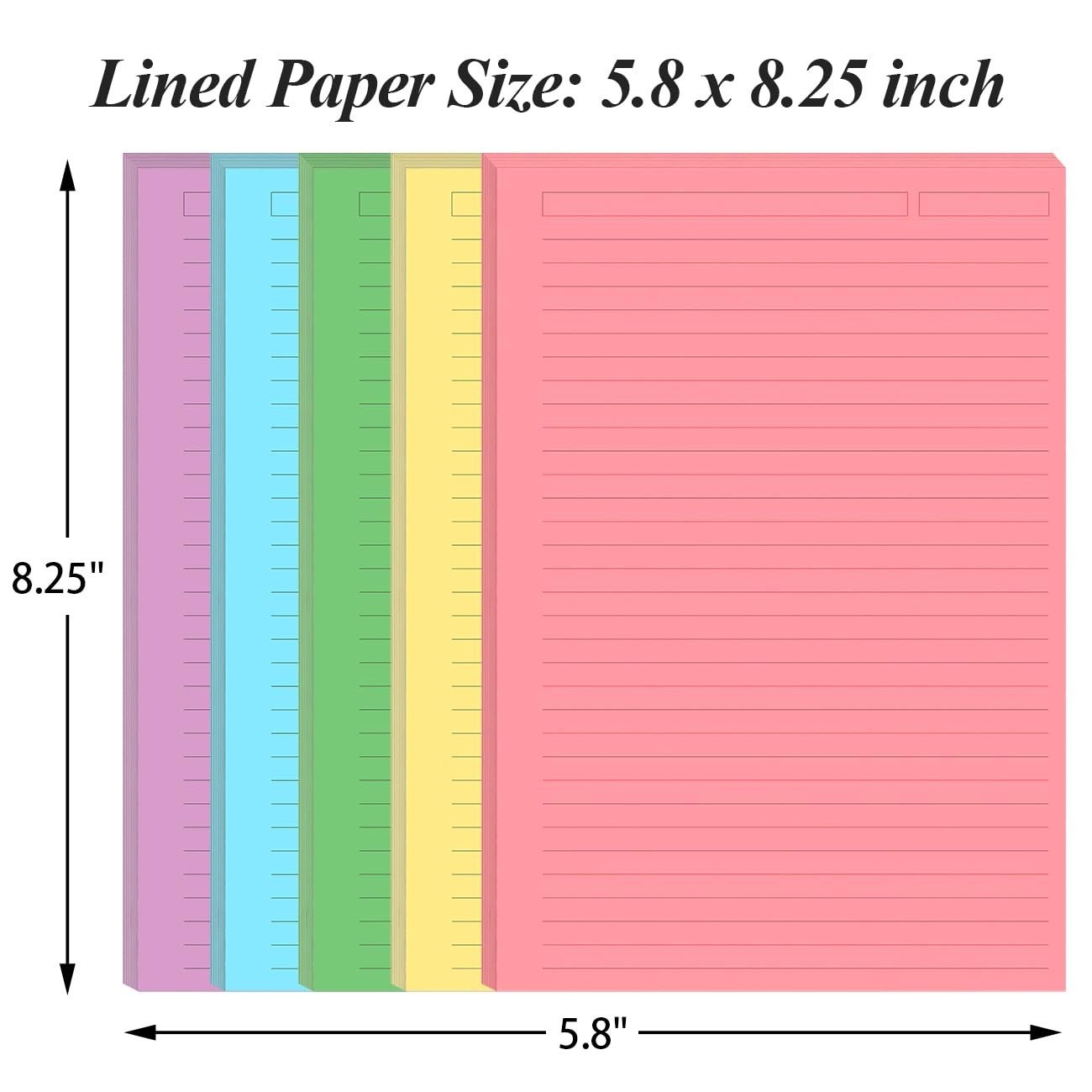 100 PCS Unpunched Line Paper 5 Colorful Ruled Filler 5.8×8.5 Inch Refill
