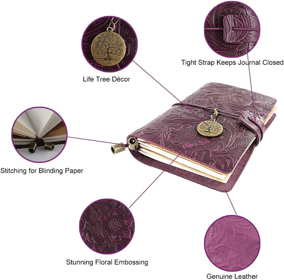Refillable Leather Journal, Handmade Purple Leather Notebook with Bookmark for M
