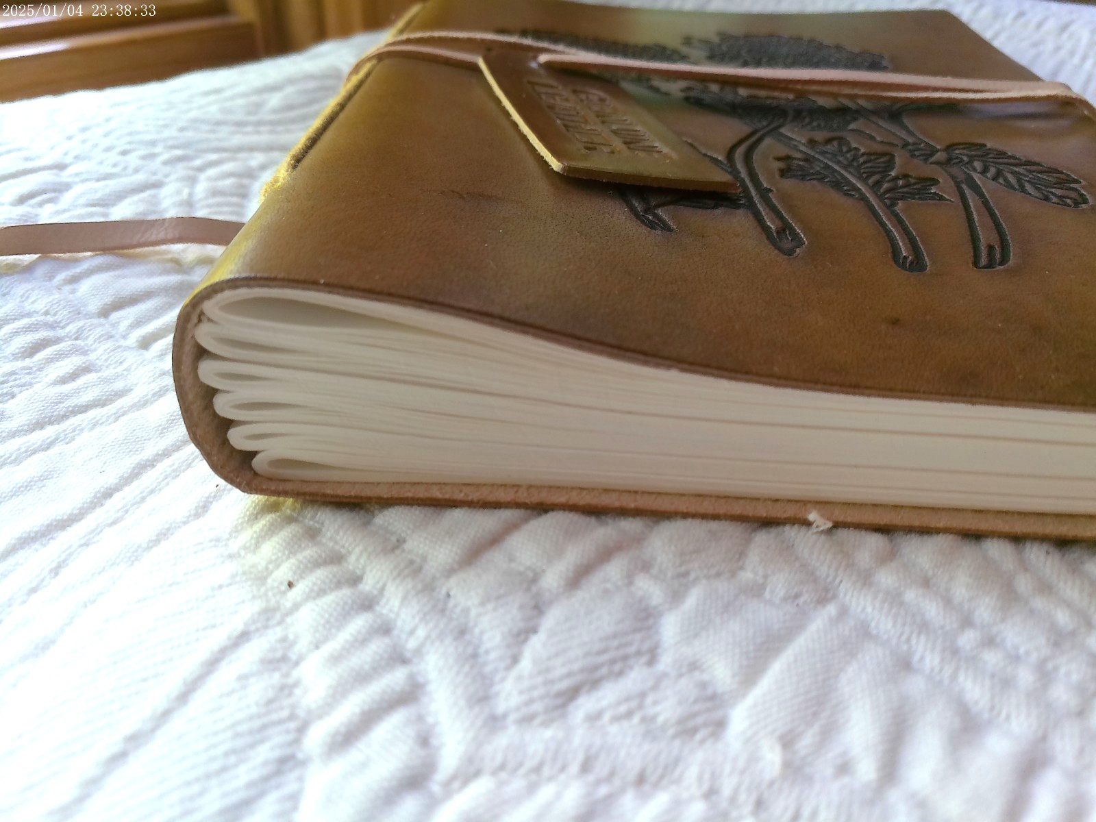 GENUINE LEATHER HANDMADE 144 LINED PAGES INDIA EMBOSSED FLOWERS SADDLE TAN #3